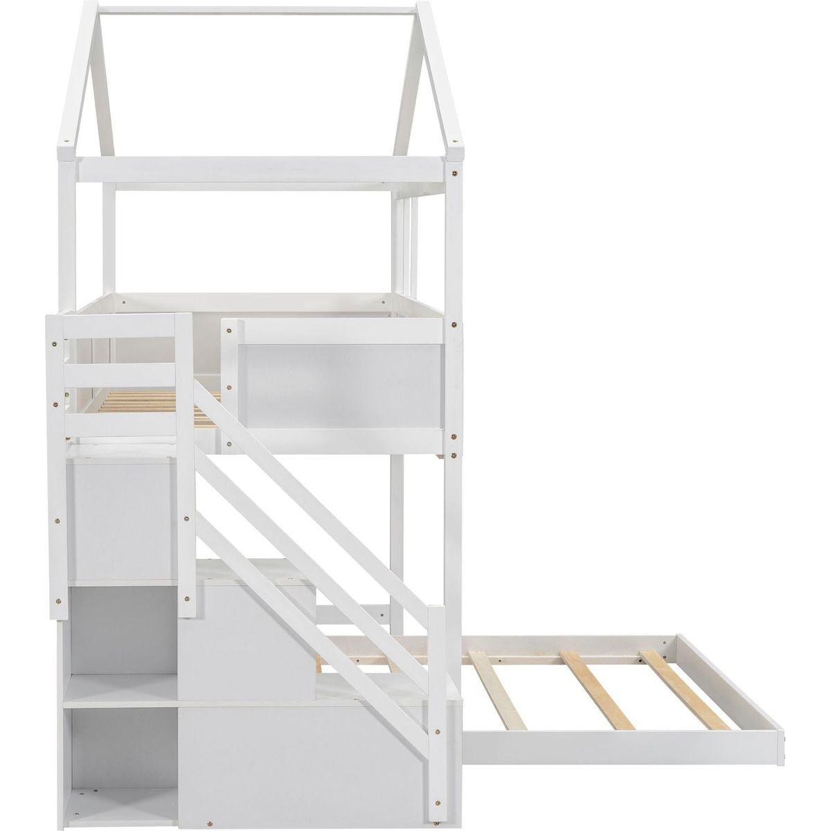 Twin over Full House Bunk Bed with Storage Staircase and Blackboard,White