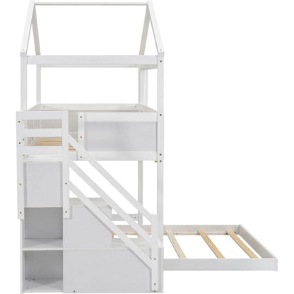Twin over Full House Bunk Bed with Storage Staircase and Blackboard,White