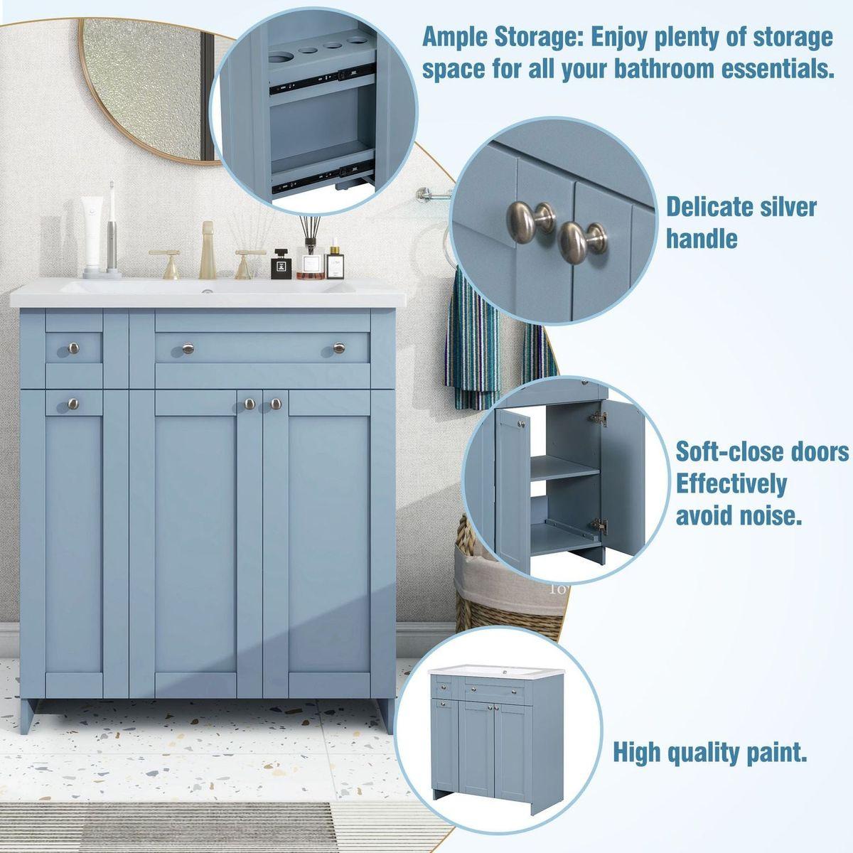 Modern 30-Inch Bathroom Vanity Cabinet with Easy-to-Clean Resin Integrated Sink in Blue