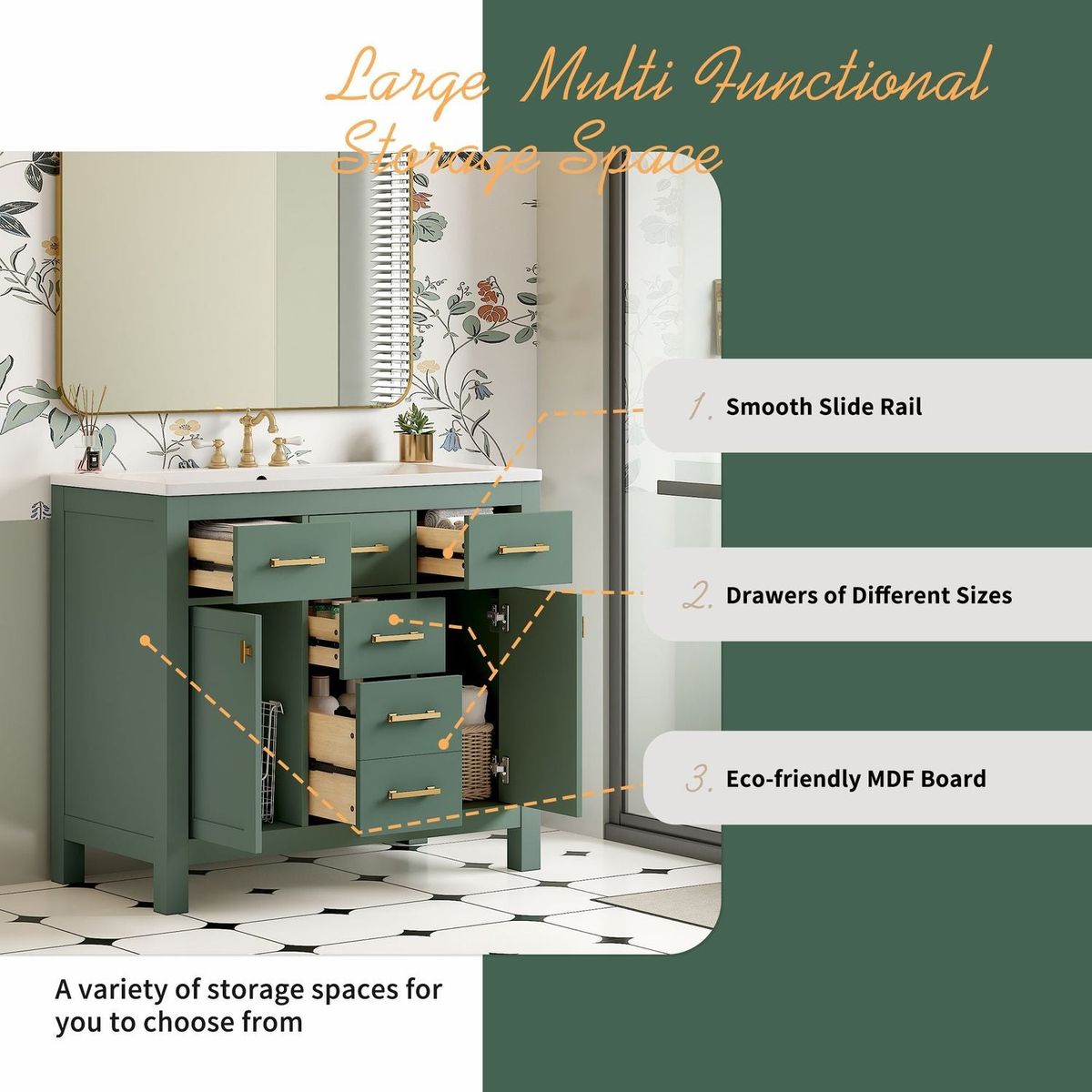 36" Bathroon Vanity with Resin Sink Combo Set,Modern Freestanding Single Bathroom Cabinet with 4 Drawers & 2 Cabinets,Storage Cabinet for Bathroom, Solid Wood Frame Vanity Set, Green