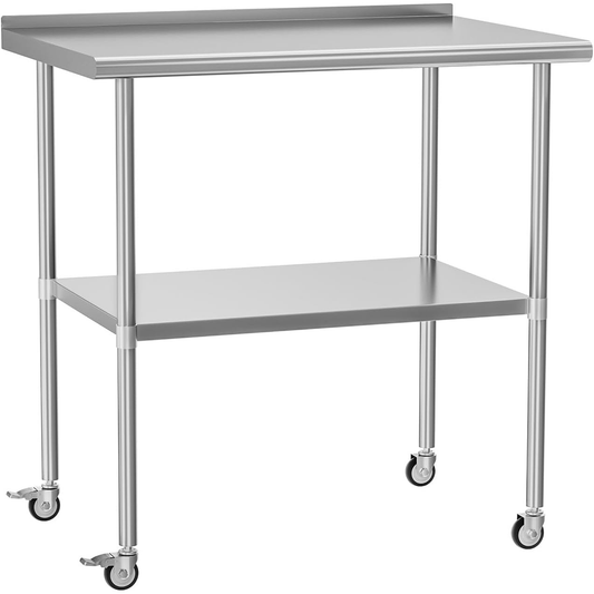 Stainless Steel Table 30 x 36 Inches Metal Prep Table with Adjustable Undershelf Wheels Stainless Table for Commercial Kitchen, Outdoor, Restaurant, Hotel & Garage
