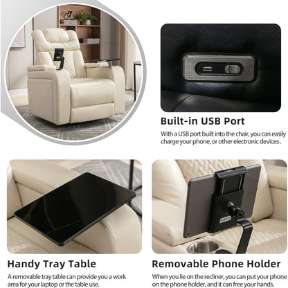 270 Degree Swivel PU Leather Power Recliner Individual Seat Home Theater Recliner with Comforable Backrest, Tray Table, Phone Holder, Cup Holder, USB Port, Hidden Arm Storage for Living Room, White