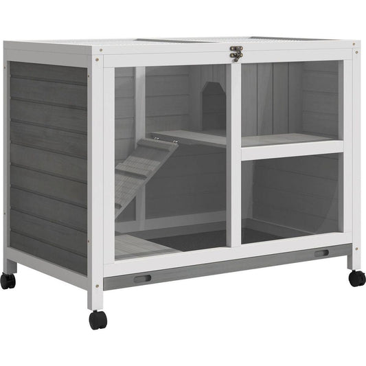 Indoor Rabbit Hutch with Wheels, Desk and Side Table Sized, Wood Rabbit Cage, Waterproof Small Rabbit Cage, Gray
