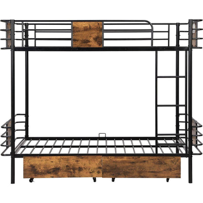 Twin XL over Twin XL Metal Bunk Bed with MDF Board Guardrail and Two Storage Drawers,Black