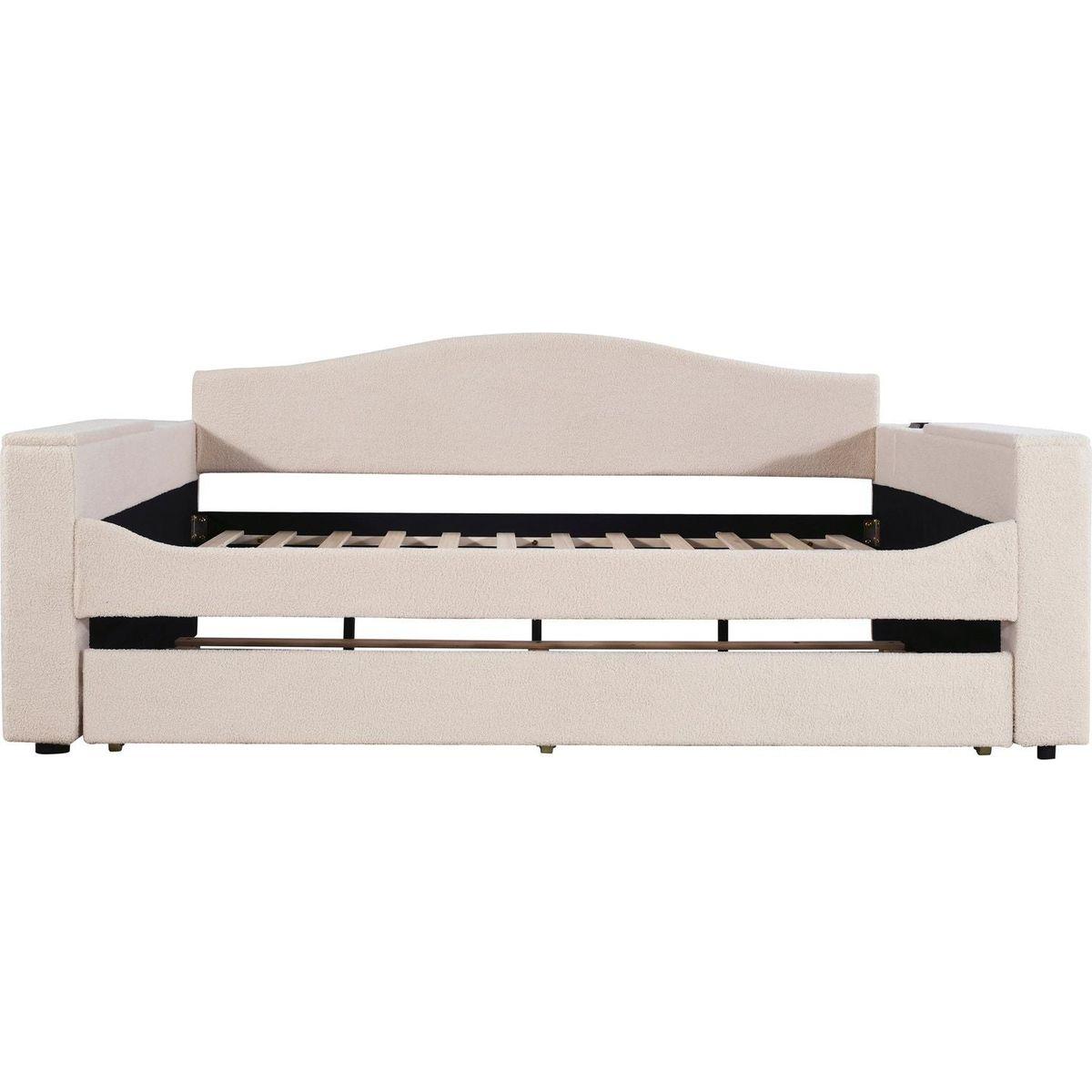 Full Size Upholstered Daybed with Storage Armrests, Trundle and Latest Integrated Bluetooth Audio System, Teddy Fleece, Beige