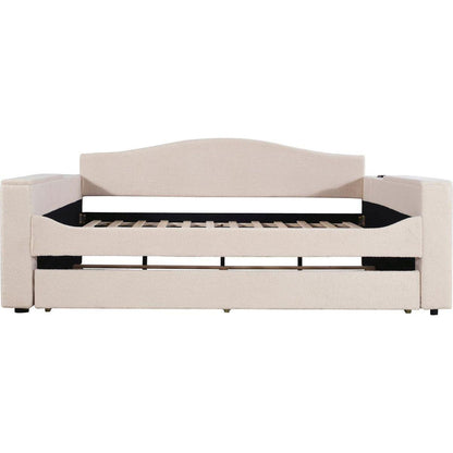 Full Size Upholstered Daybed with Storage Armrests, Trundle and Latest Integrated Bluetooth Audio System, Teddy Fleece, Beige
