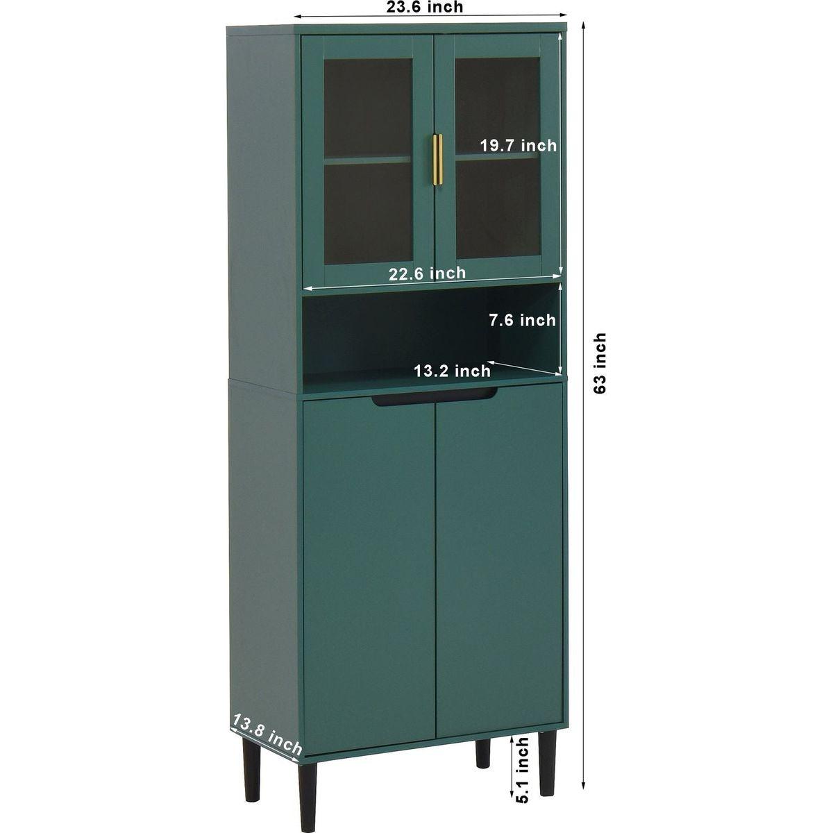 Tall Storage Show Cabinet with 2 Glass Display Door & 2 Doors, Tall Kitchen Pantry Cabinet with Gold Handles, Modern Cabinet Freestanding for Bathroom, Dining Living Room, Green