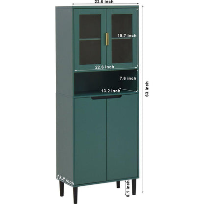 Tall Storage Show Cabinet with 2 Glass Display Door & 2 Doors, Tall Kitchen Pantry Cabinet with Gold Handles, Modern Cabinet Freestanding for Bathroom, Dining Living Room, Green