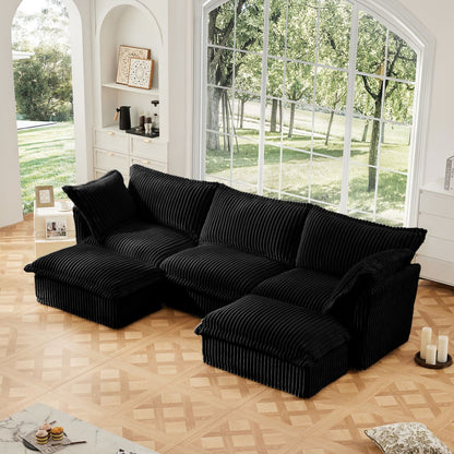 Slipcovered U Shape Sectional Deep Seat Sofa Couch, 3 Seater Sofa with French Edges Design Multiple Big Pillows, Modular Deep Seat Sectional Sofa Comfy Cloud Couch for Living Room, Apartment, Black
