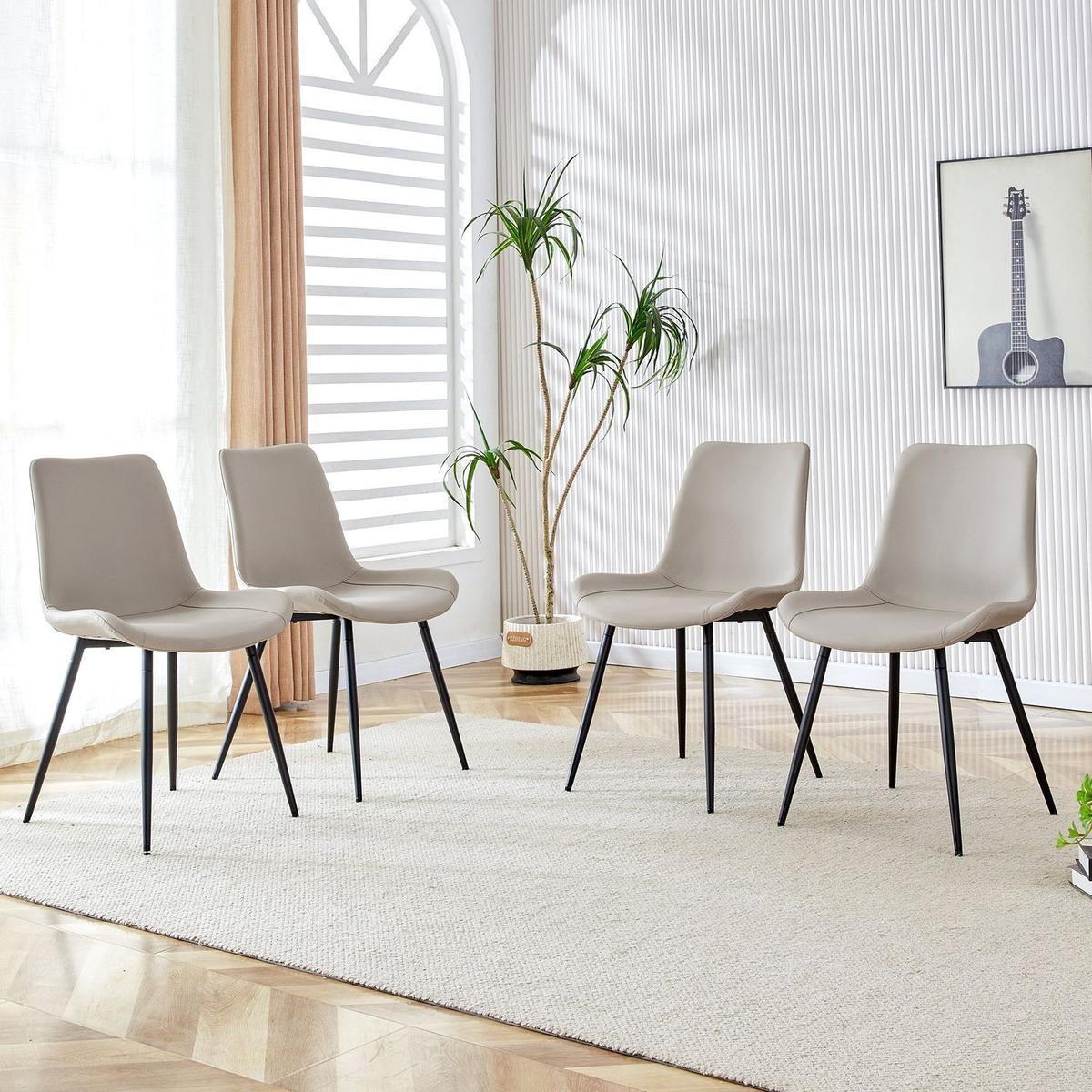 Light gray artificial leather backrest cushion dining chair, black metal legs, curved widened cushion design for more comfort, suitable for restaurants, kitchens, bedrooms, offices.(6 chairs) 0502