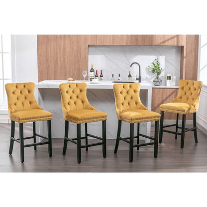 Contemporary Velvet Upholstered Barstools with Button Tufted Decoration and Wooden Legs, and Chrome Nailhead Trim, Leisure Style Bar Chairs,Bar stools, Set of 2 (Golden)