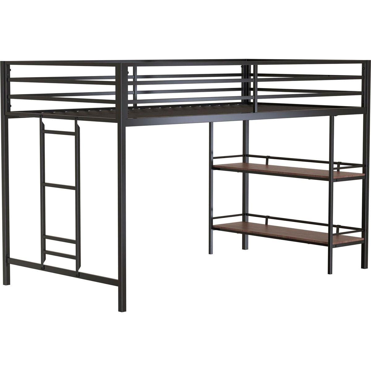 Adam sturdy junior twin loft bunk black with Cinnamon wood shelf for kids with easy climbing ladder, space saving