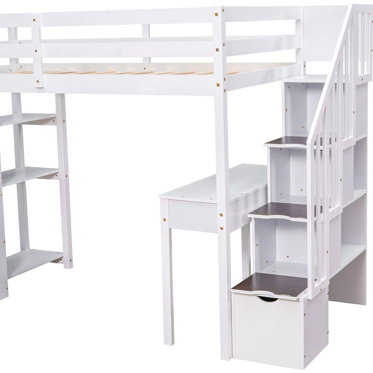 Twin size Loft Bed with Storage Drawers, Desk and Stairs, Wooden Loft Bed with Shelves - White