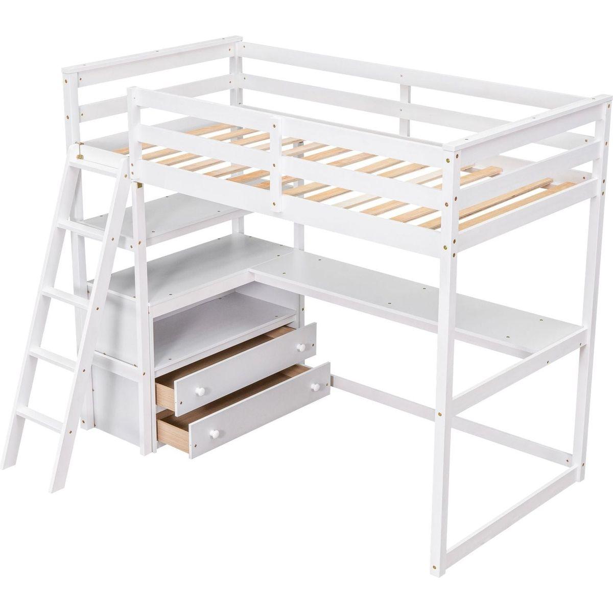 Twin Size Loft Bed with Desk and Shelves, Two Built-in Drawers, White