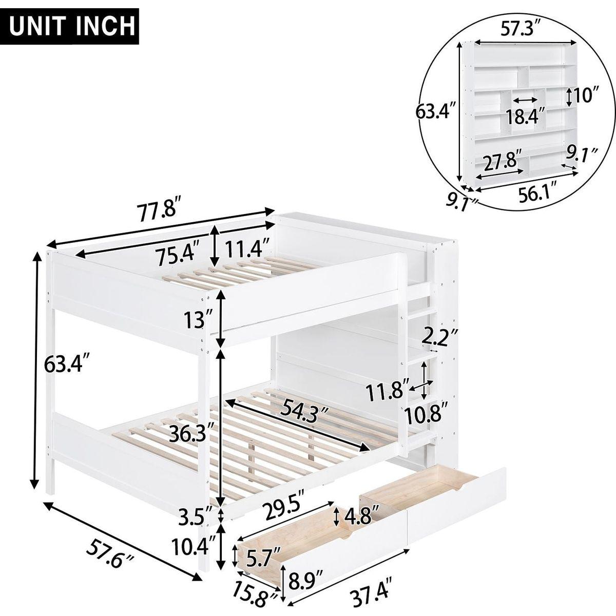 Full over Full Bunk Bed With 2 Drawers and Multi-layer Cabinet, White