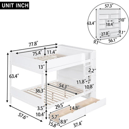 Full over Full Bunk Bed With 2 Drawers and Multi-layer Cabinet, White