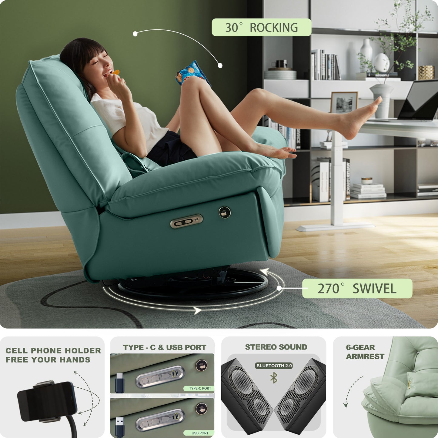 smart multifunction recliner chair electric green