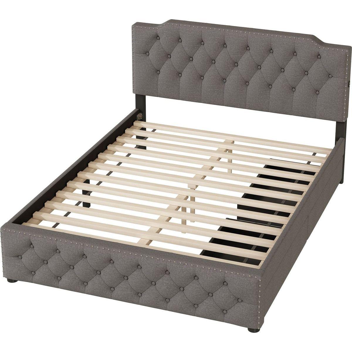 Queen Size Upholstered Platform Bed with 2 Drawers and 2 sets of USB Ports on each side, Linen Fabric, Gray