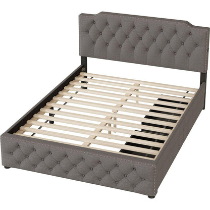 Queen Size Upholstered Platform Bed with 2 Drawers and 2 sets of USB Ports on each side, Linen Fabric, Gray
