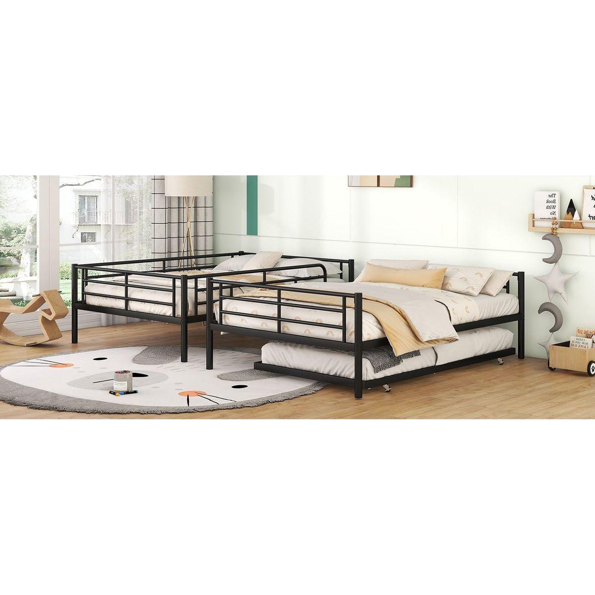 Full Over Full Metal Bunk Bed with Trundle, Black