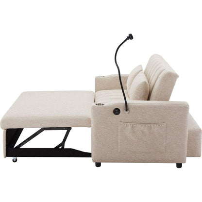 55.9" Convertible Sofa Bed Loveseat Sofa with Three USB Ports, Two Side Pockets, Two Cup Holders and 360Swivel Phone Holder for Living Room, Beige