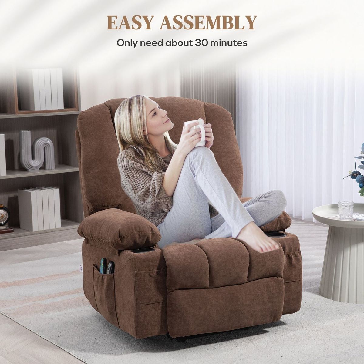 Power Lift Recliner Chair Sofa with Vibration Massage and Heat, Fabric Lift Chair for Elderly, Massage Recliner Chair with Remote Control, Side Pockets, Quick Assembly, Brown