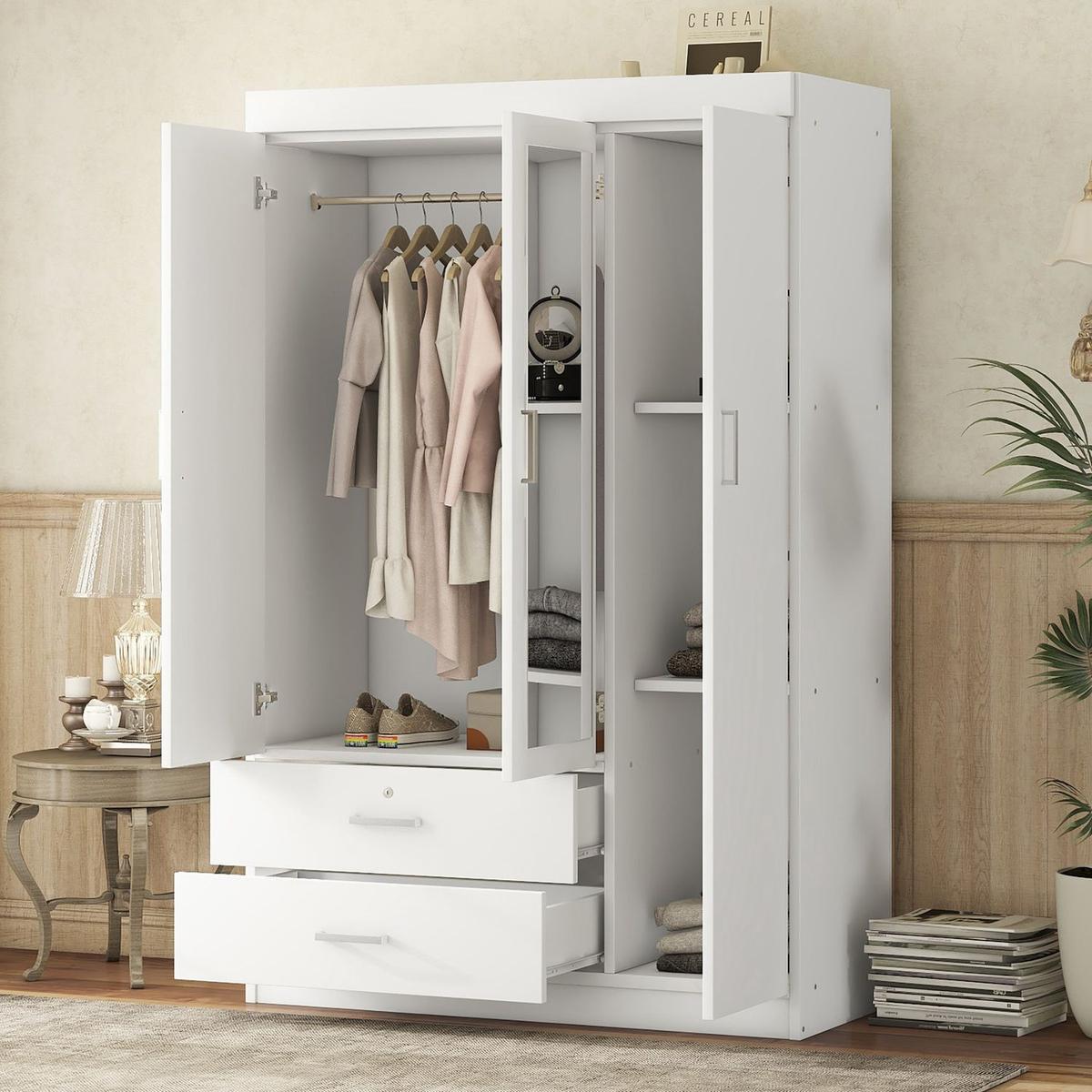 3-Door Mirror Wardrobe with shelves, White - Streamdale Furniture
