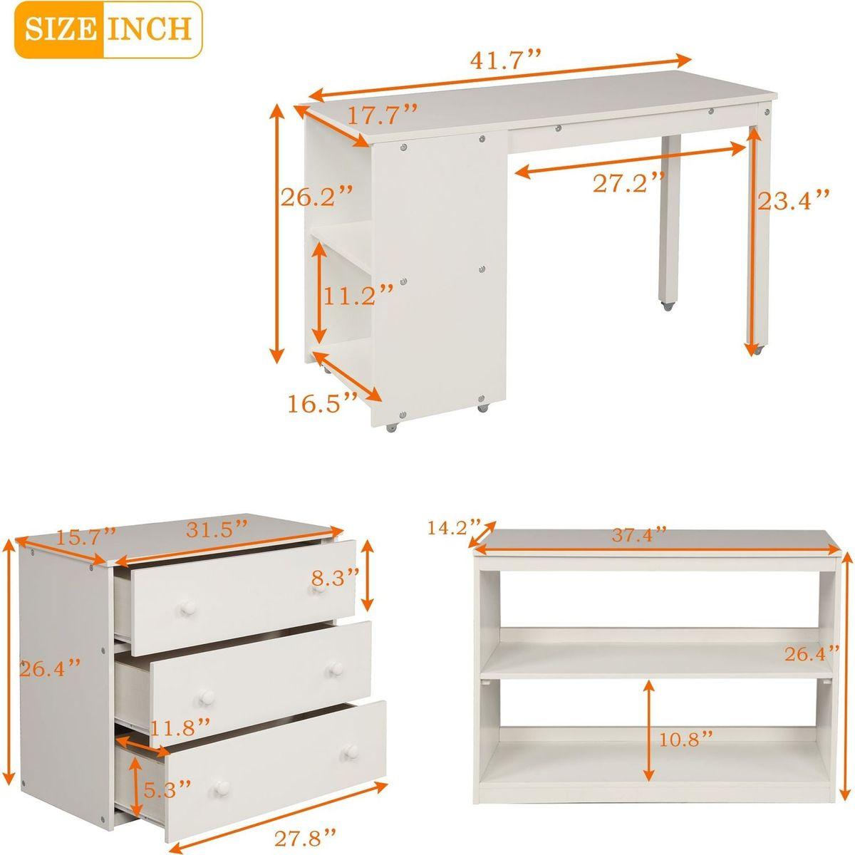 Low Study Twin Loft Bed with Cabinet and Rolling Portable Desk - White