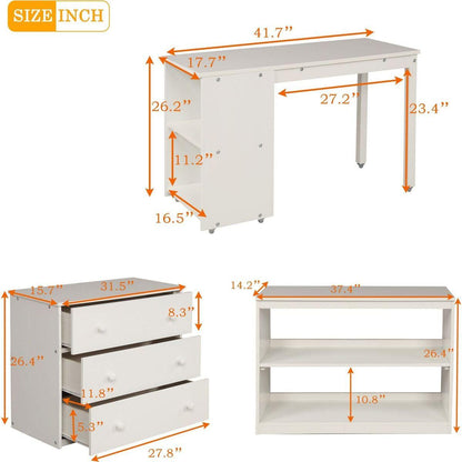 Low Study Twin Loft Bed with Cabinet and Rolling Portable Desk - White