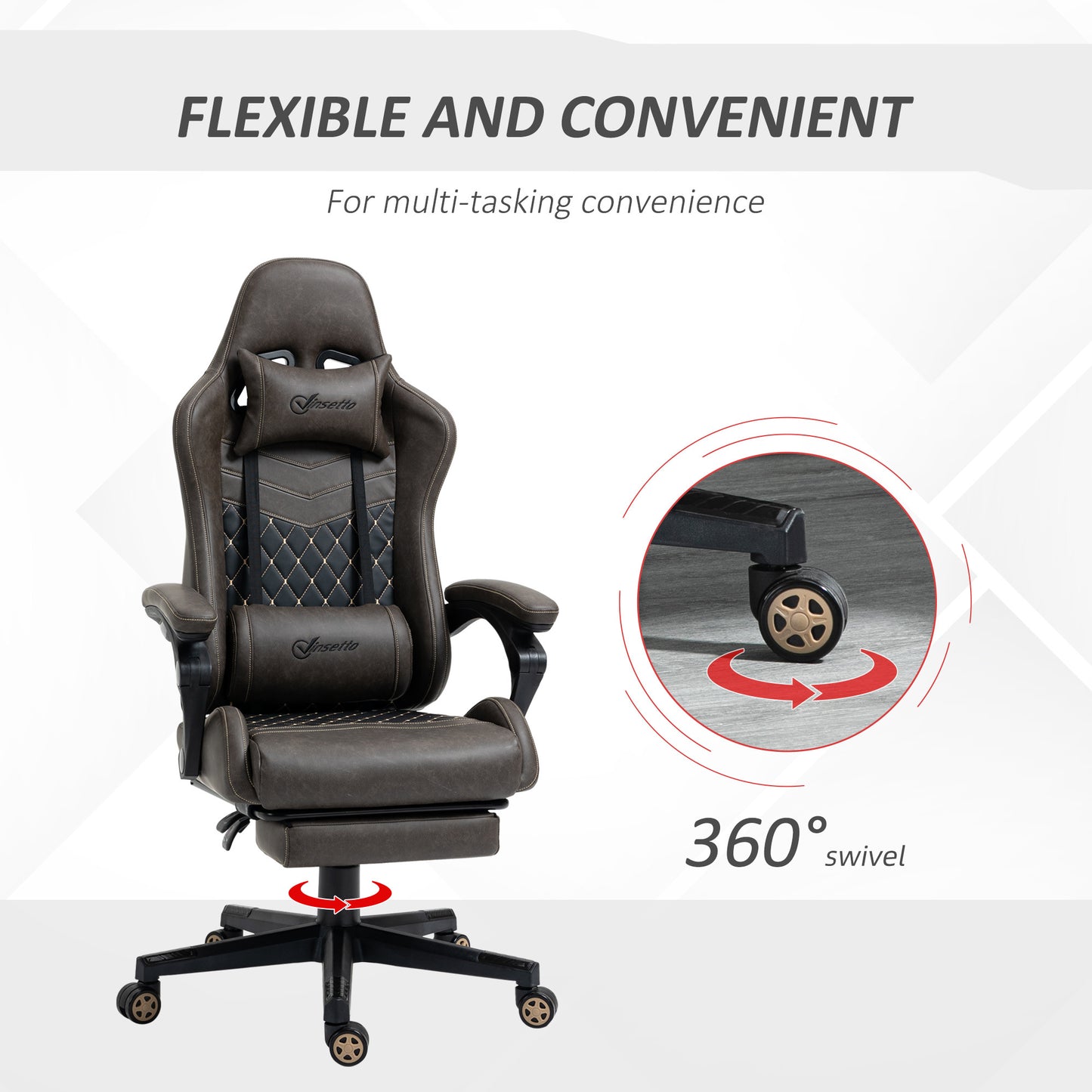 Vinsetto Racing Gaming Chair Diamond PU Leather Office Gamer Chair High Back Swivel Recliner with Footrest, Lumbar Support, Adjustable Height, Brown