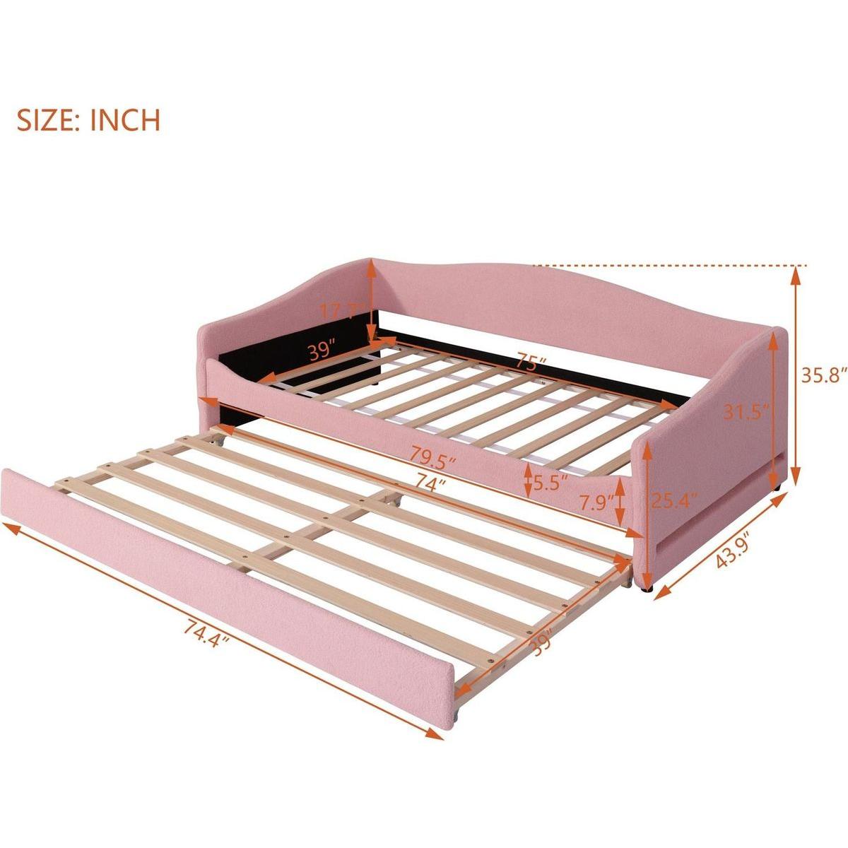 Teddy Fleece Twin Size Upholstered Daybed with Light and Trundle, Pink