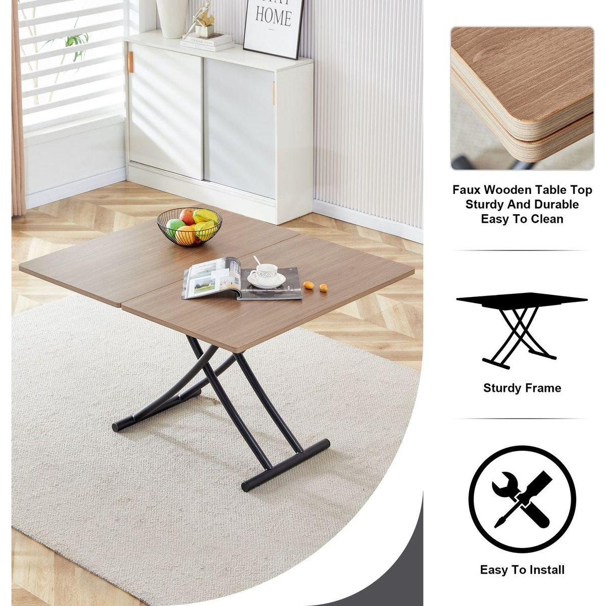 Modern minimalist multifunctional lifting table, with a 0.8-inch wood grain process sticker desktop and black metal legs, can be used as a dressing table, coffee table, dining table, and office table