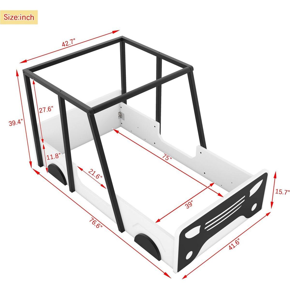 Twin Size Car-shaped Bed with Roof,Wooden Twin Floor Bed with wheels and door Design,Montessori Inspired Bedroom,Black