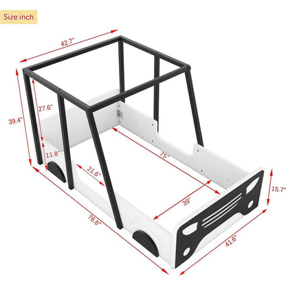 Twin Size Car-shaped Bed with Roof,Wooden Twin Floor Bed with wheels and door Design,Montessori Inspired Bedroom,Black