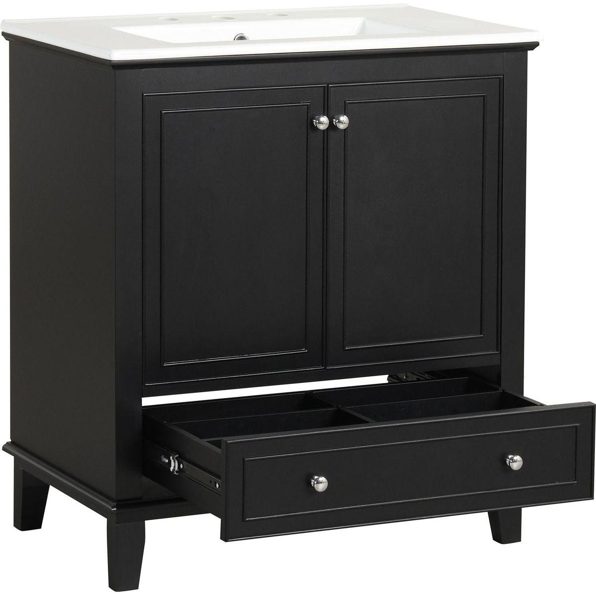 30" Bathroom Vanity with Sink Combo, Multi-functional Bathroom Cabinet with Doors and Drawer, Solid Wood and MDF Board, Black