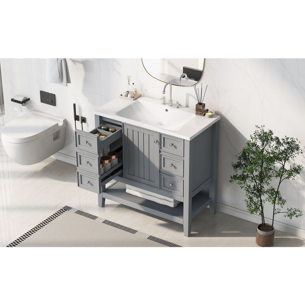 36" Bathroom Vanity with Sink Combo, One Cabinet and Three Drawers, Solid Wood and MDF Board, Grey