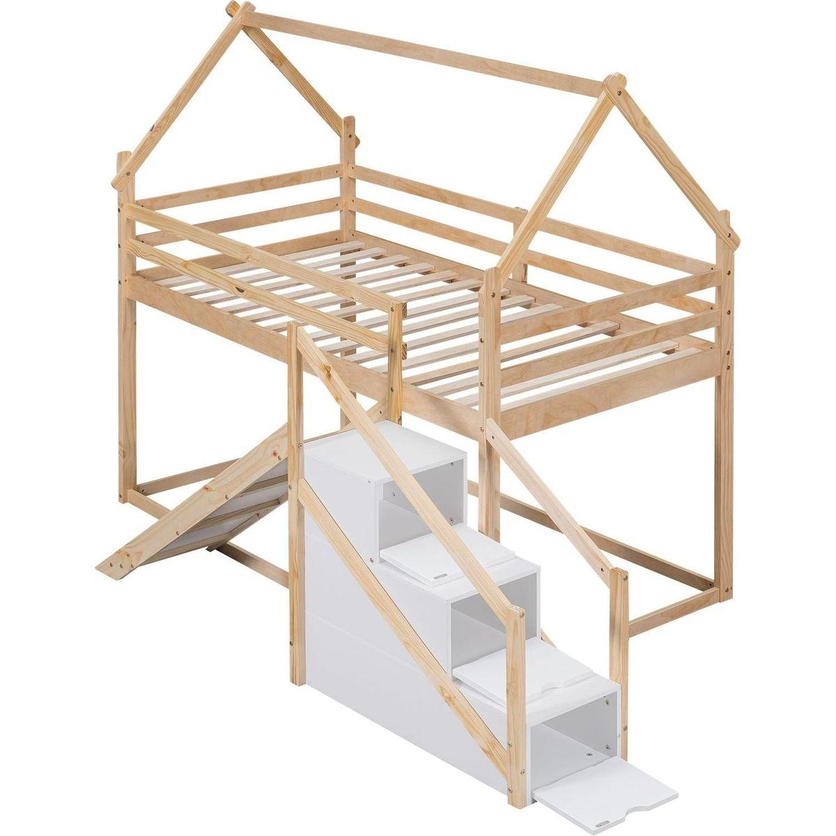 Twin over Twin House Loft or Bunk Bed with Slide and Staircase, Natural