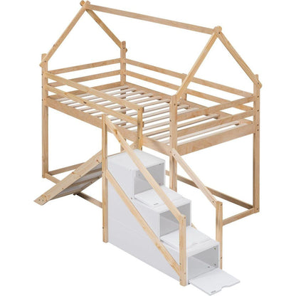 Twin over Twin House Loft or Bunk Bed with Slide and Staircase, Natural
