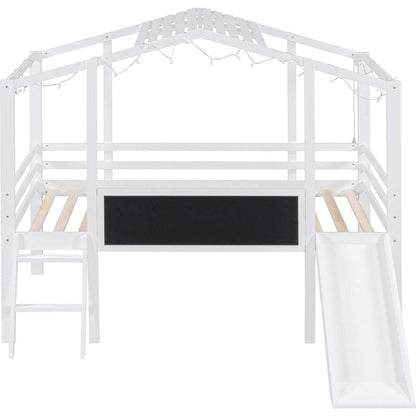 Twin Size Loft Bed with Ladder and Slide, House Bed with Blackboard and Light Strip on the Roof, White