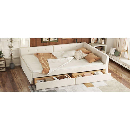 Full Size Upholstered Platform Bed with USB and 2 Drawers, Beige