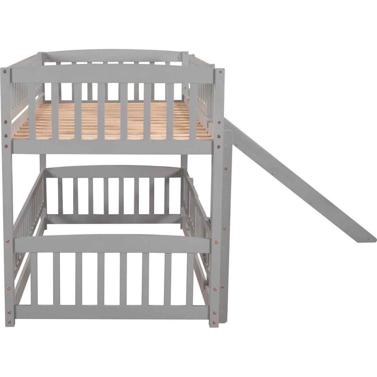 Bunk Bed with Slide,Twin Over Twin Low Bunk Bed with Fence and Ladder for Toddler Kids Teens Grey