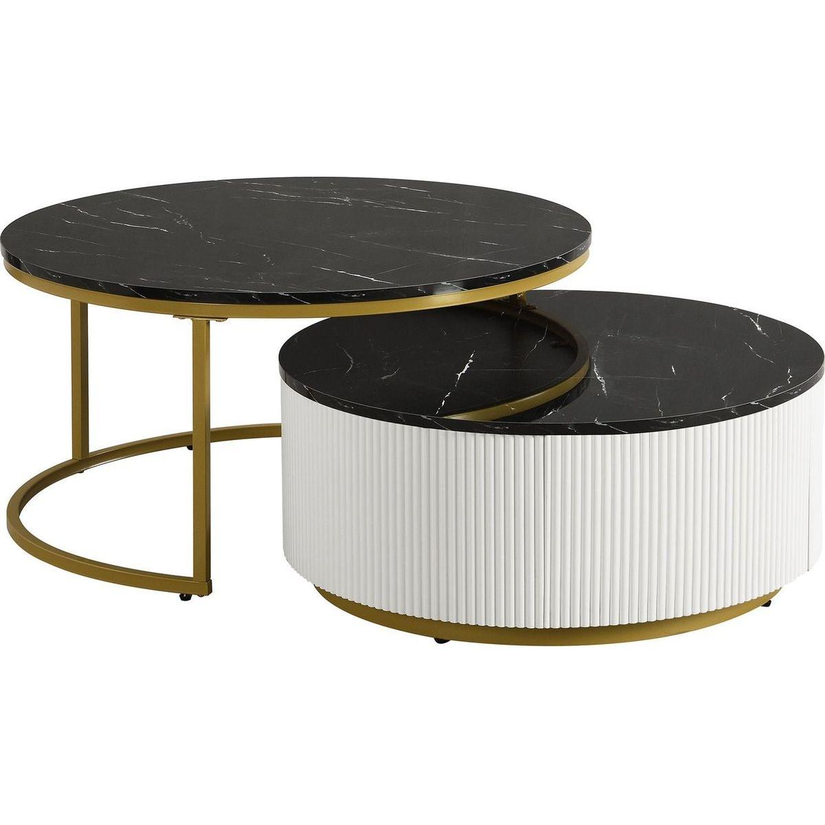Modern Round Nesting Coffee Table Fluted with Drawer in Black & Gold in 31.5"