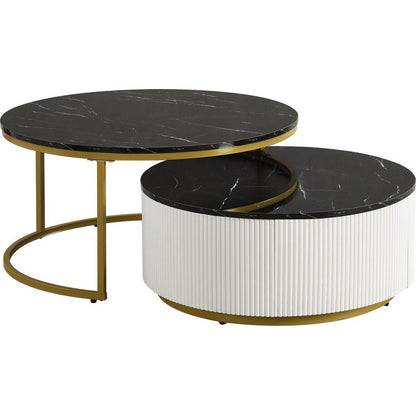 Modern Round Nesting Coffee Table Fluted with Drawer in Black & Gold in 31.5"