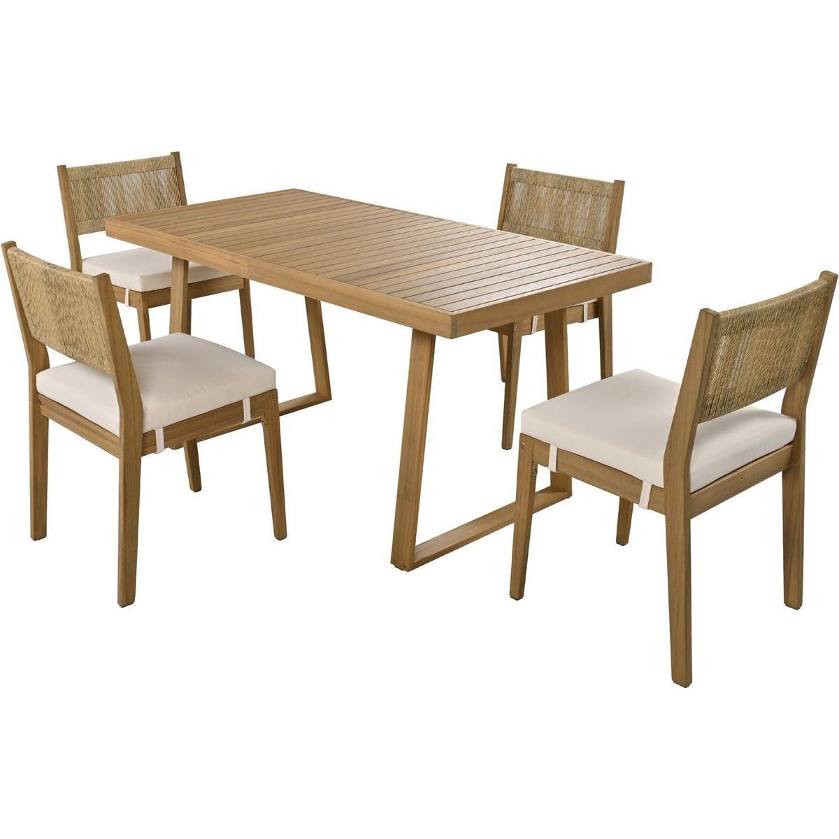 Multi-person Outdoor Acacia Wood Dining Table and Chair Set, Thick Cushions, Suitable for Balcony, Vourtyard, and Garden.