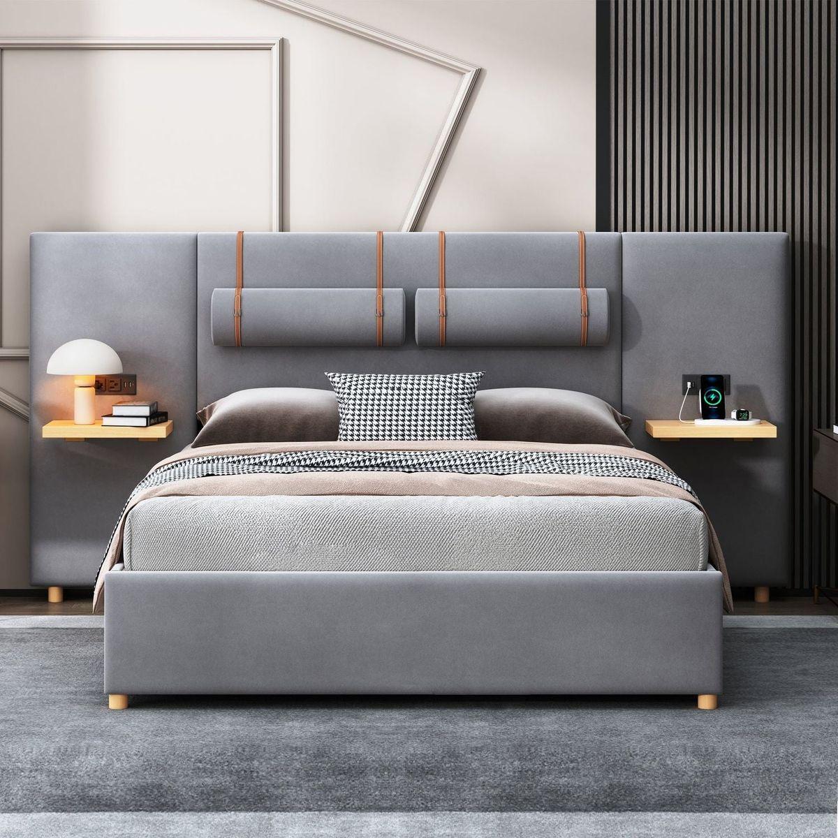 Queen Upholstered Platform Bed, Two Outlets and USB Charging Ports on Both Sides, Two Bedside Pillows, Storage Shelves, Velvet,Gray