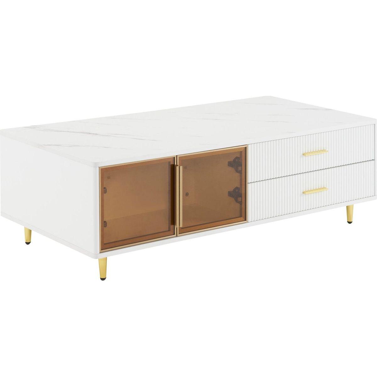 Modern White Coffee Table with 2 Glass Door Storage, 4 Drawers, Gold Metal Legs, and Multi-Color Lighting in 47.2"
