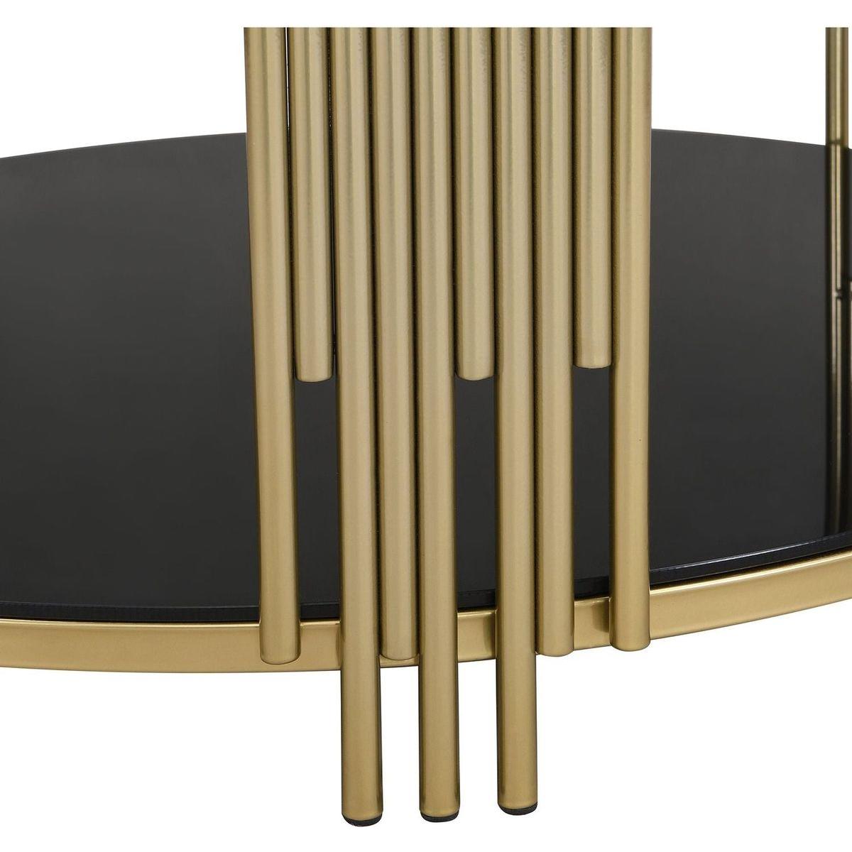 Modern Black Mirror Coffee Table, Asymmetrical Metal, Circular Metal Drum Base, Gold Finish & Lower Shelf