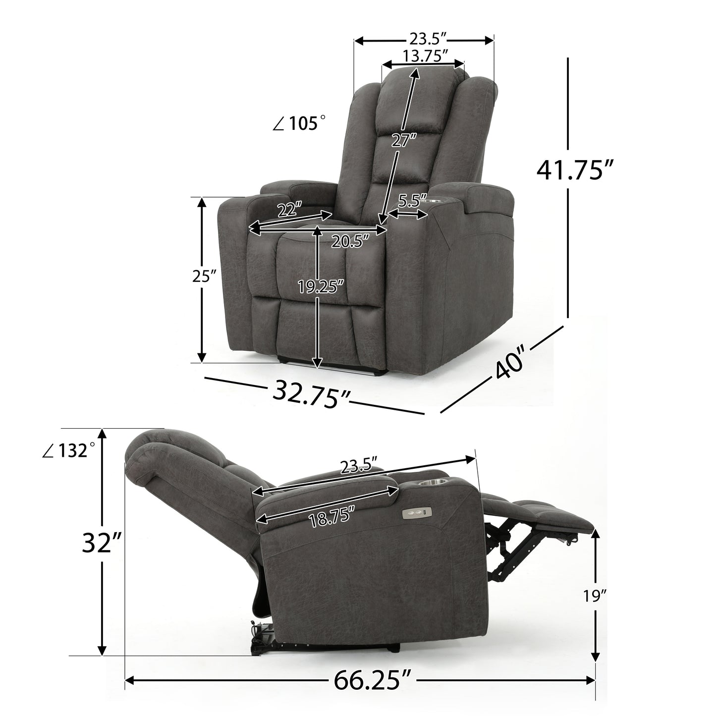 33" Wide Power Standard Recliner Chair with Arm Storage with USB