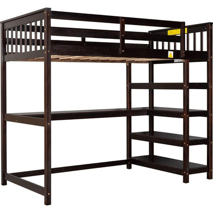 Twin Size Loft Bed with Storage Shelves and Under-bed Desk, Espresso