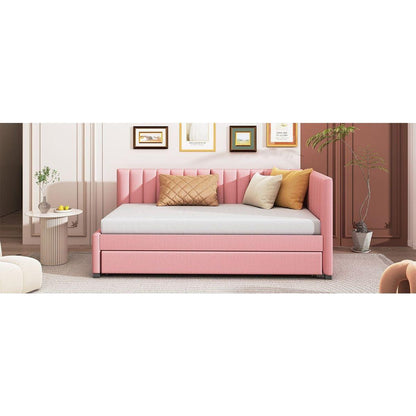 Upholstered Daybed with Trundle Twin Size Sofa Bed Frame No Box Spring Needed, Linen Fabric(Pink)